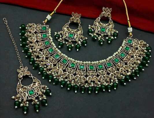 Dark Green Designer Prime Choker Necklace Set with Moti Pearl and Stone Work with Tikka