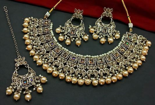 Chiku Color Designer Prime Choker Necklace Set with Moti Pearl and Stone Work with Tikka (Copy)