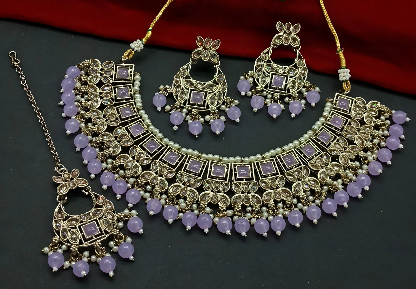 Purple Designer Prime Choker Necklace Set with Moti Pearl and Stone Work With Tikka