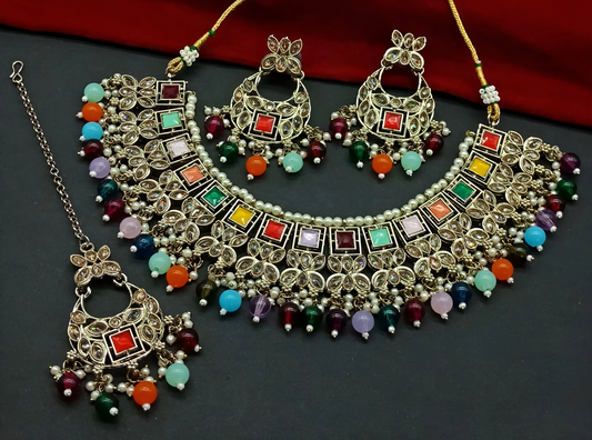 Multicolor Design - 2 Designer Prime Choker Necklace Set with Moti Pearl and Stone Work With Tikka