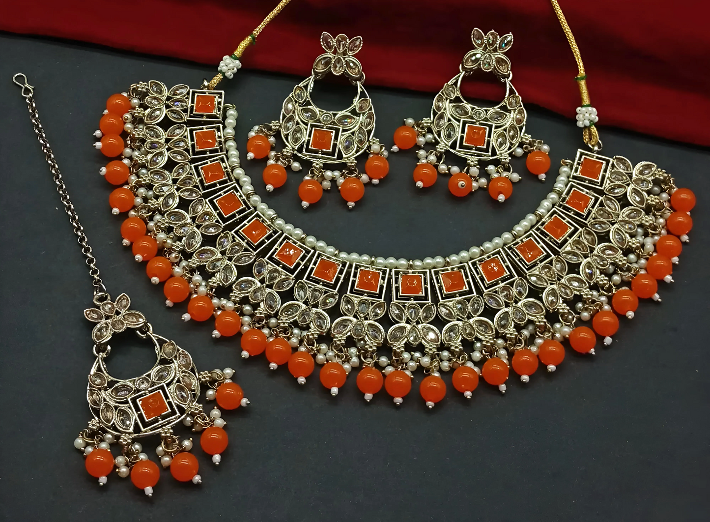 Orange Designer Prime Choker Necklace Set with Moti Pearl and Stone Work With Tikka