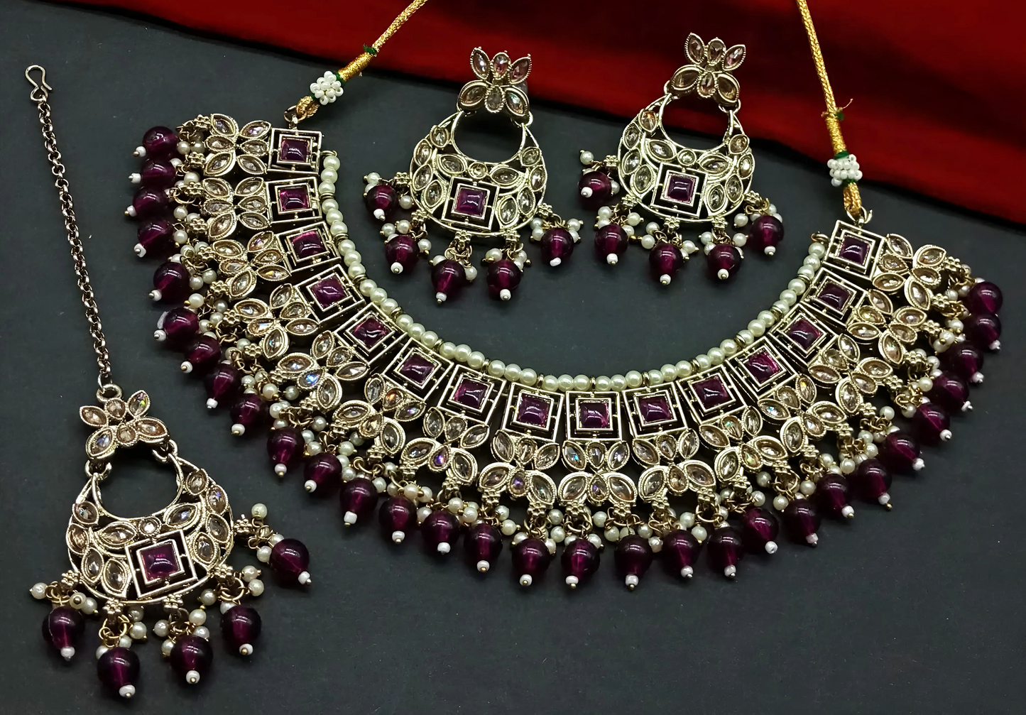 Wine Designer Prime Choker Necklace Set with Moti Pearl and Stone Work With Tikka