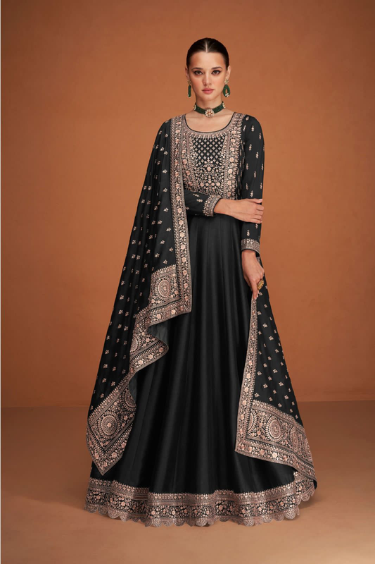 Black Heavy Designer Silk Embroidered Anarkali Suit – Traditional & Festive Special