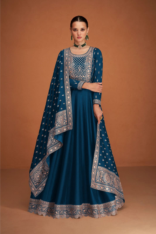 Teal Blue Heavy Designer Silk Embroidered Anarkali Suit – Traditional & Festive Special