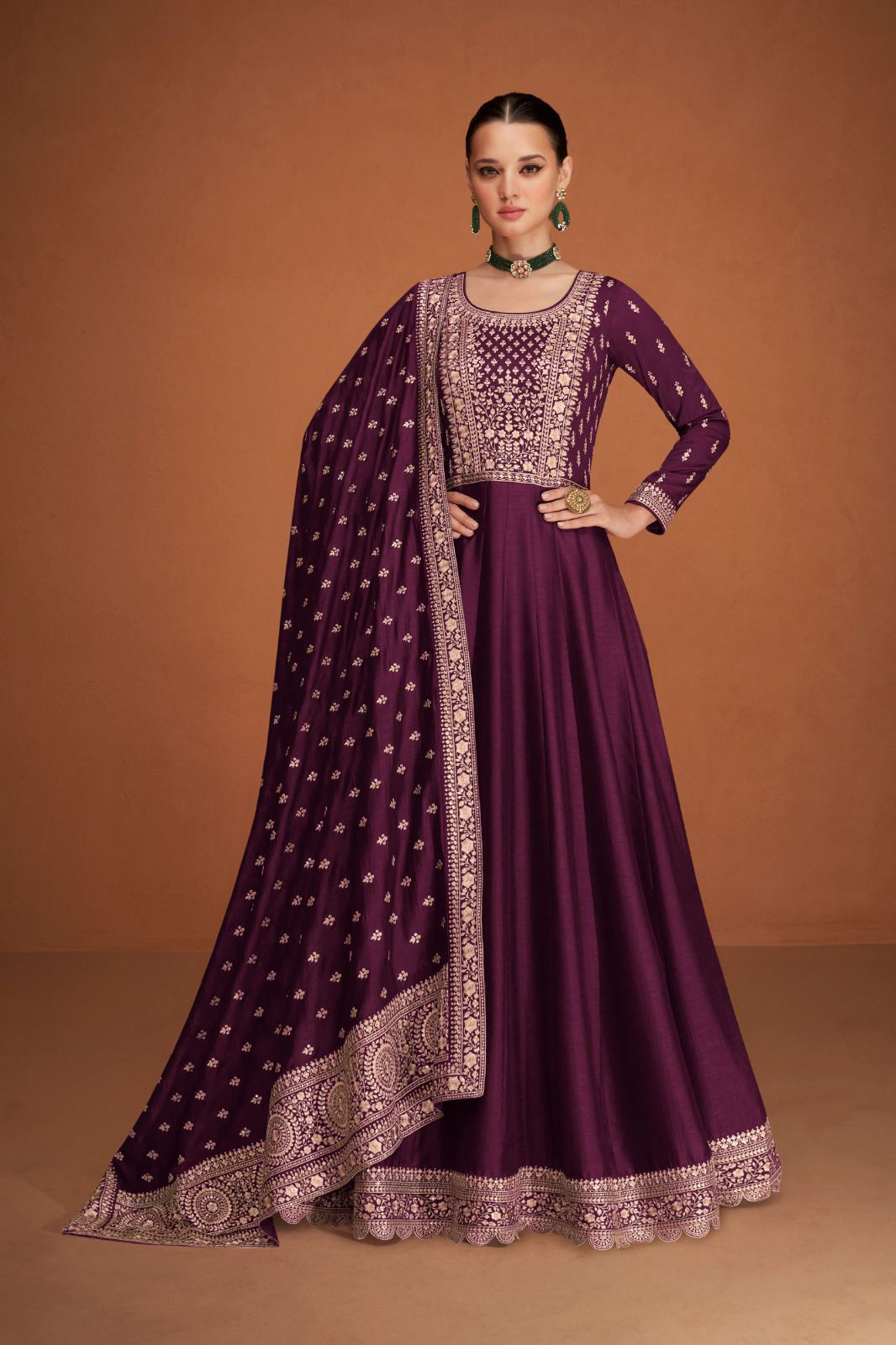 Wine Heavy Designer Silk Embroidered Anarkali Suit – Traditional & Festive Special