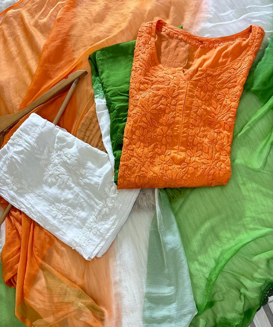 Indian Independence Day Tri-Color Ethereal Dyeable Rayon Chikankari Kurta Set (Limited Stock)