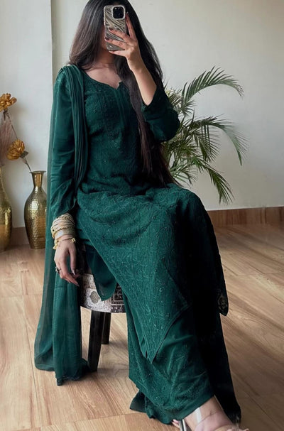 Eid Special Forest Green Elegant Viscose Lucknow Chikankari Handwork Ensemble (Latest)