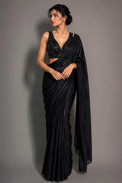 Black Sparkling Georgette Saree with Heavy Beads Work Blouse