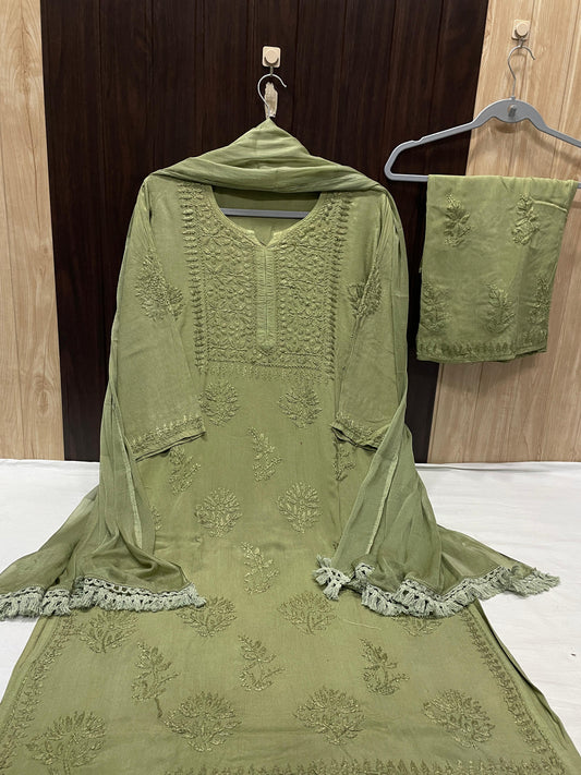 Olive Green Elegant Lucknow Chikankari Handcrafted 3-Piece Rayon Kurti, Pallazo, and Dupatta Set