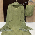 Olive Green Elegant Lucknow Chikankari Handcrafted 3-Piece Rayon Kurti, Pallazo, and Dupatta Set