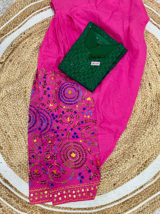 Pink and Green Beautiful Chikankari Sequins Kurti and Patiala Salwar Set