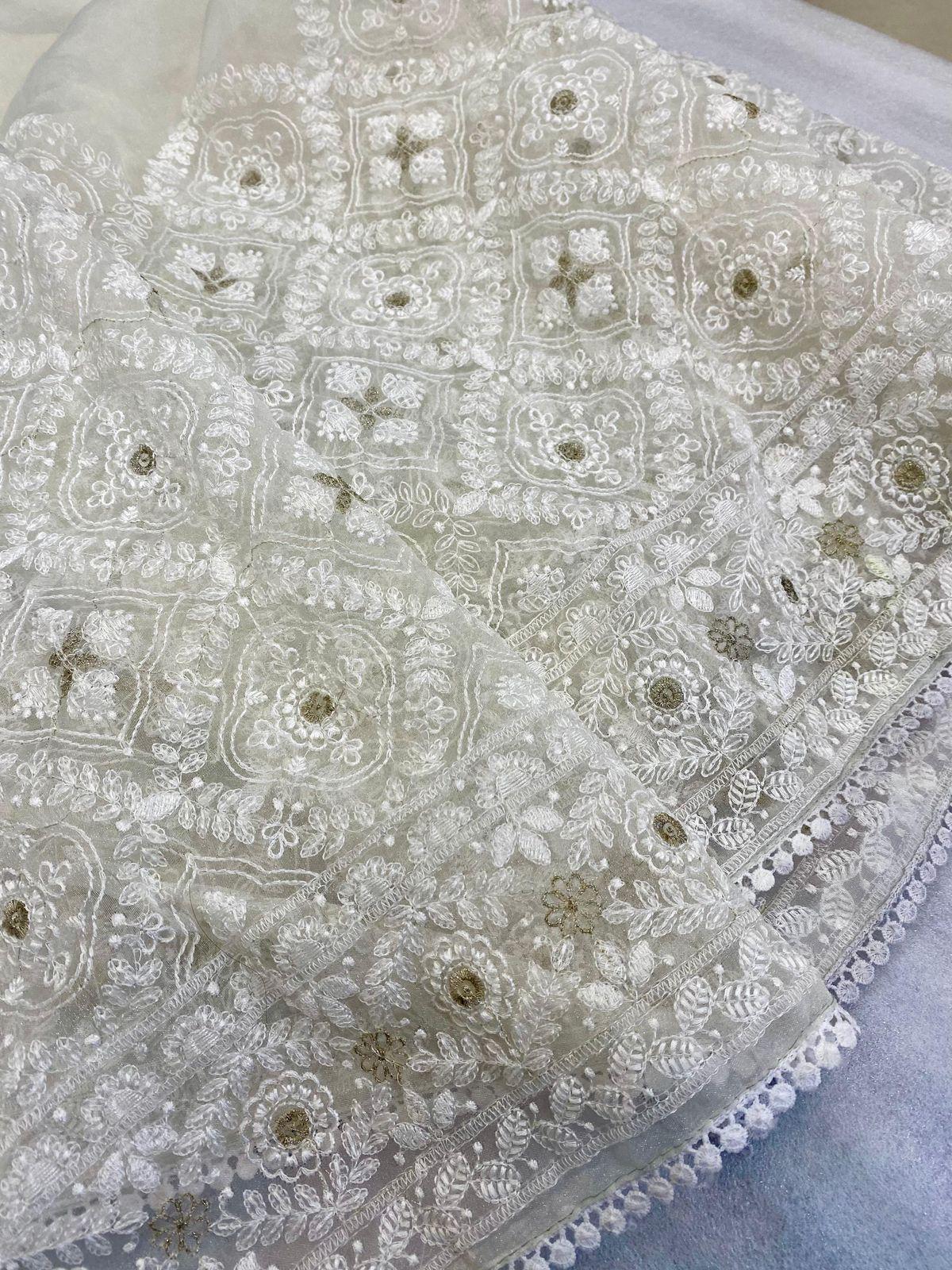 Off-White Silk Organza Saree with Lucknowi & Silver Zari Embroidery