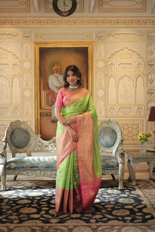 Green and Pink Eternal Elegance Kanjivaram Silk Saree Set