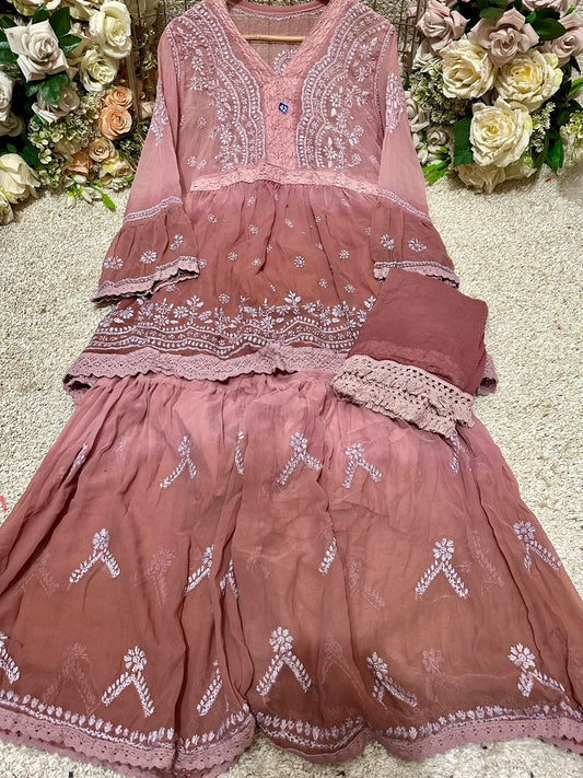 Peach Color Vivid V Lace Chikankari Gharara 3-Piece Set