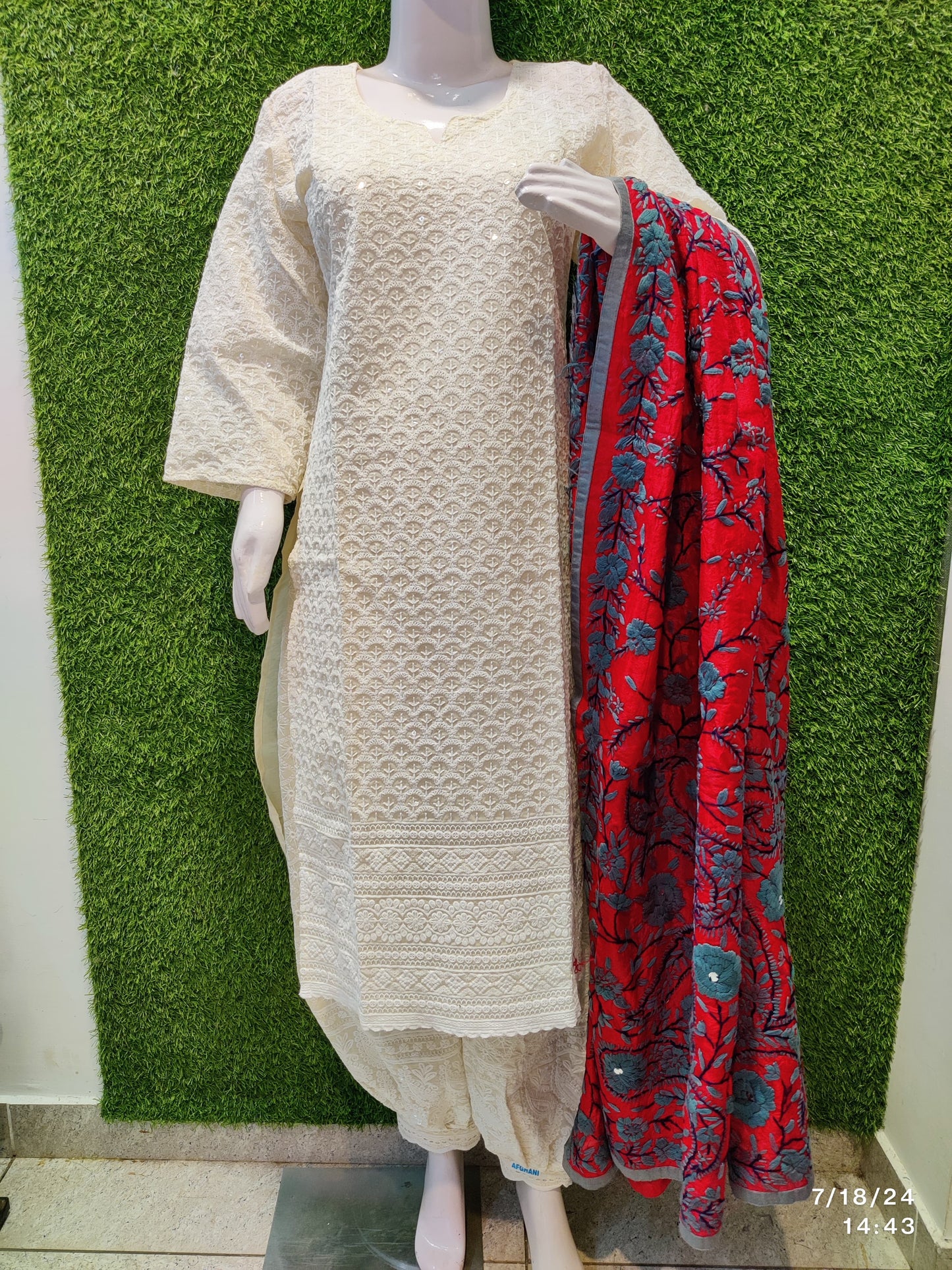 Design 1 - Chikankari Kurti with Chikan Afghani and Handworked Super Champ Raw Silk Dupatta