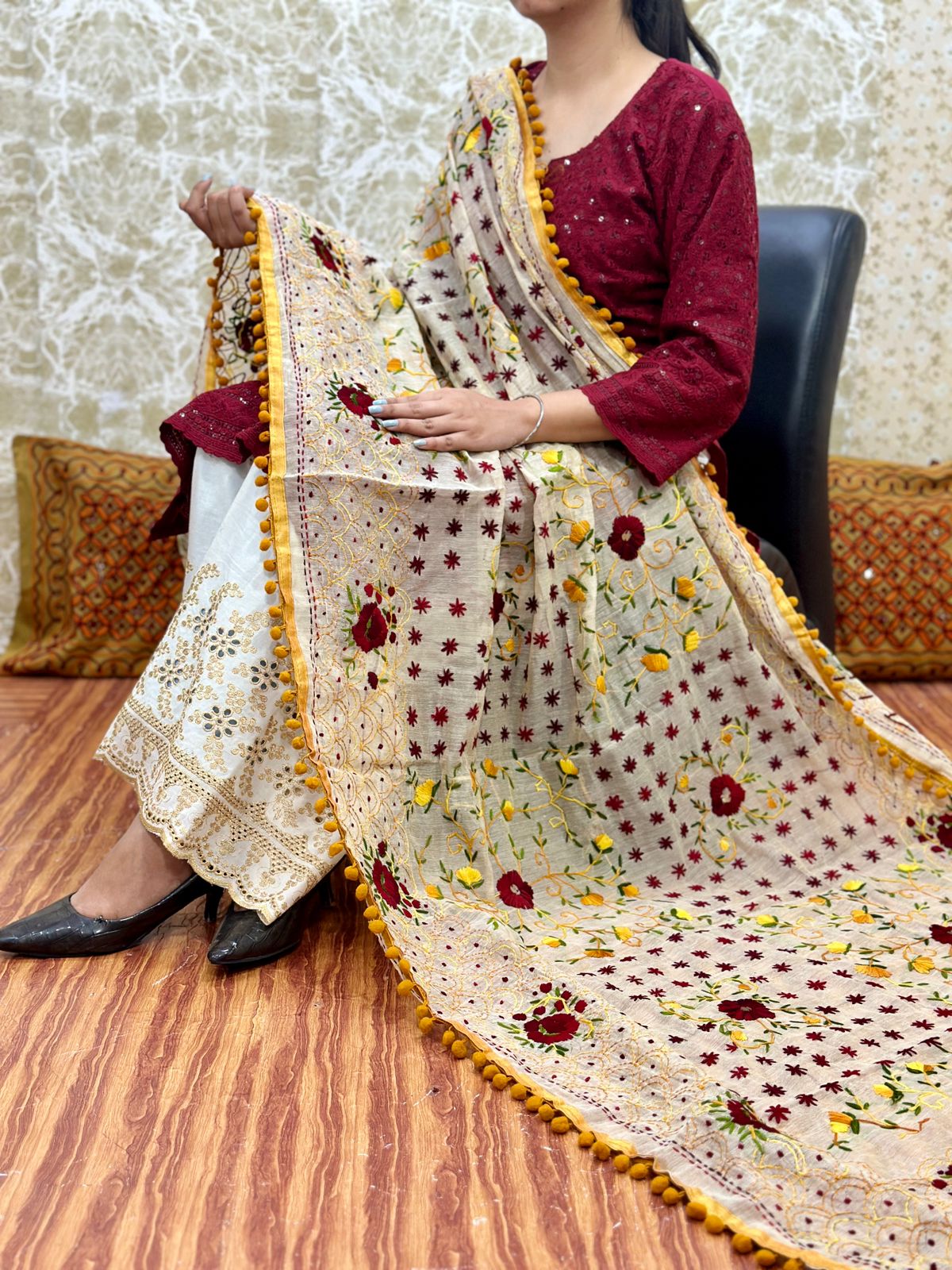 Maroon Design 1 - Chikankari Kurti with Pom Pom Phulkari Dupatta and Zari Mastani Sharara Set