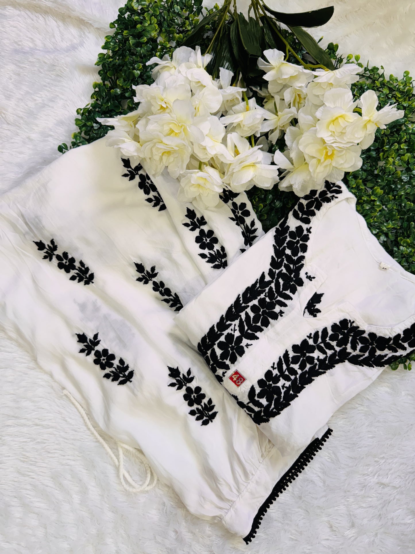 White and Black Beautiful Modal Bangle Sleeve Lucknow Chikankari Dhoti Set