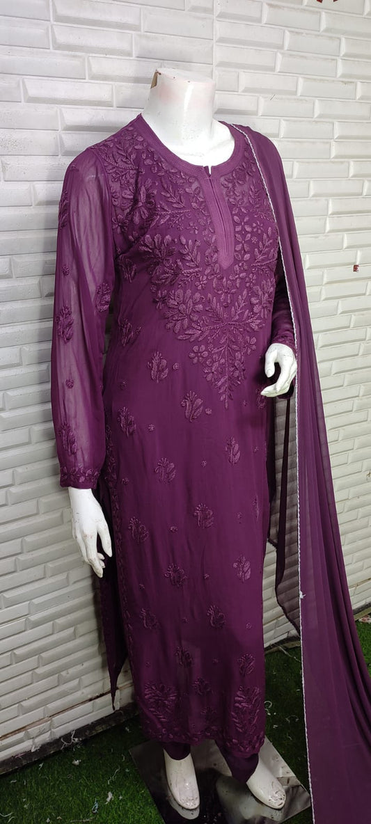 Wine Festive Collection: Lucknow Chikankari Pure Viscose 3D Kurti & 3-Piece Set