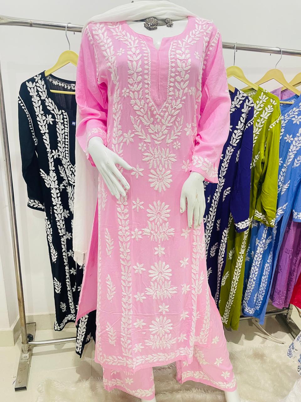 Pink Lucknow Chikankari Long Kurta with Heavy Chikankari Work & Pallazo Set