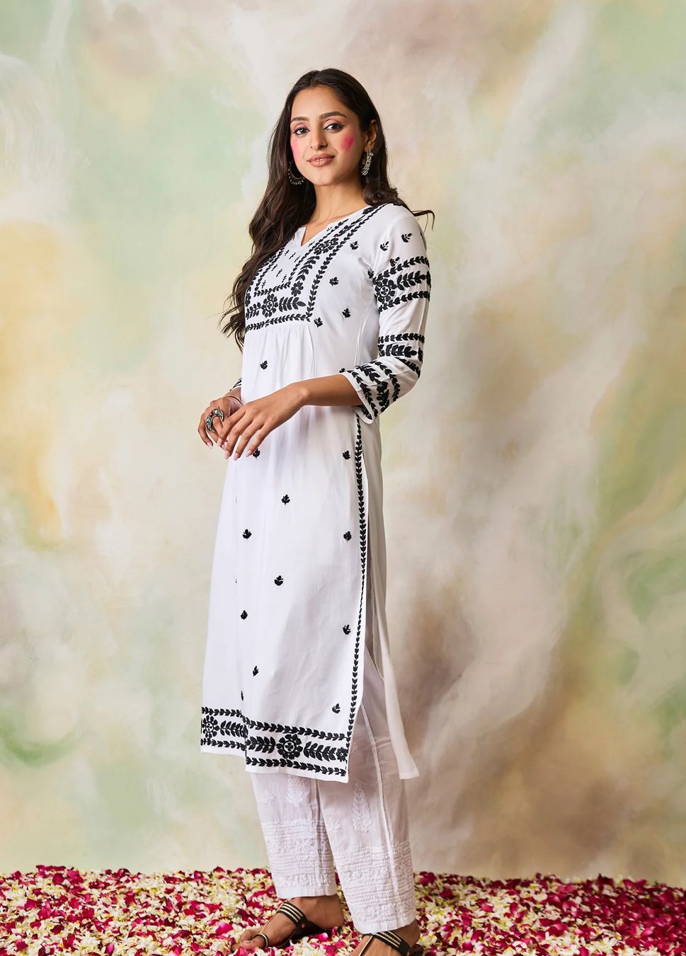 White Lucknowi Chikankari Kurti Modal Pant Set