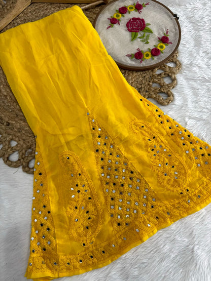 Yellow Lucknow Chikankari Mirror Work 3-Piece Sharara Set