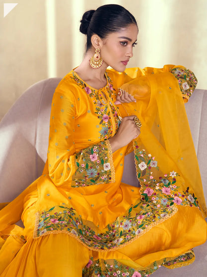 Yellow Embroidered Georgette & Silk Salwar Kameez Sharara Style with Resham Work