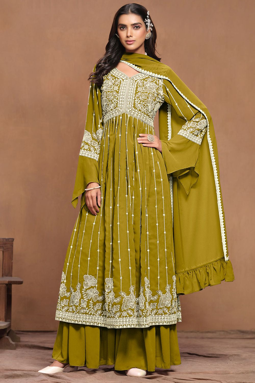 Green Elegant Party Wear Salwar Palazzo Kameez with Dupatta