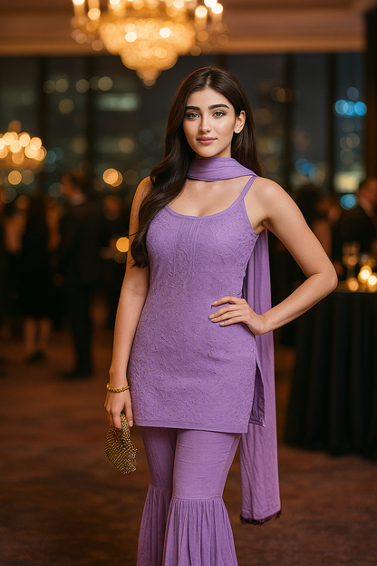 Lavendar Handcrafted Lucknow Chikankari Strappy Gharara Set (New)