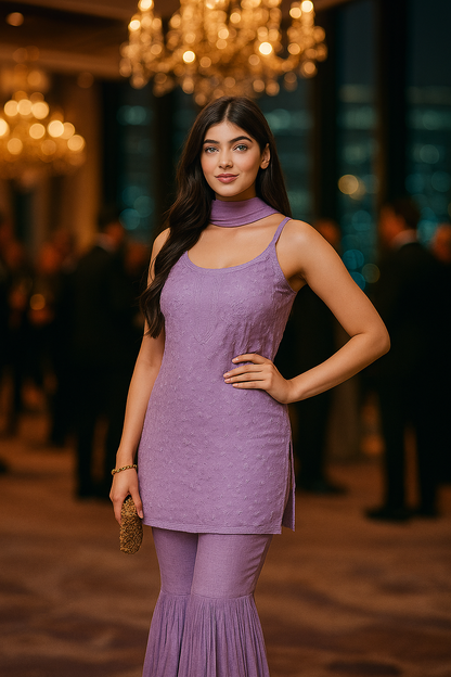 Lavendar Handcrafted Lucknow Chikankari Strappy Gharara Set (New)