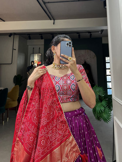 Bandhani and Ajrakh Print Dola Silk Chaniya Choli for Navratri Garba