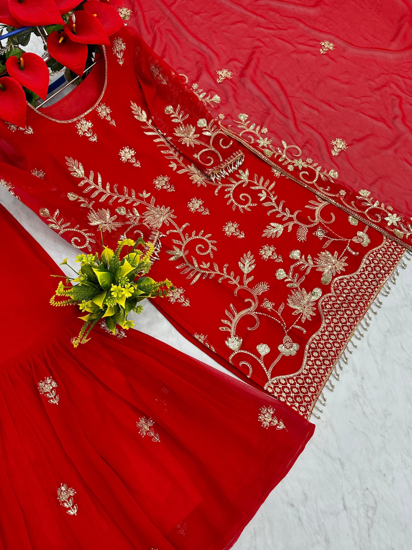 Red Pakistani Style Georgette Sharara Suit with Dupatta