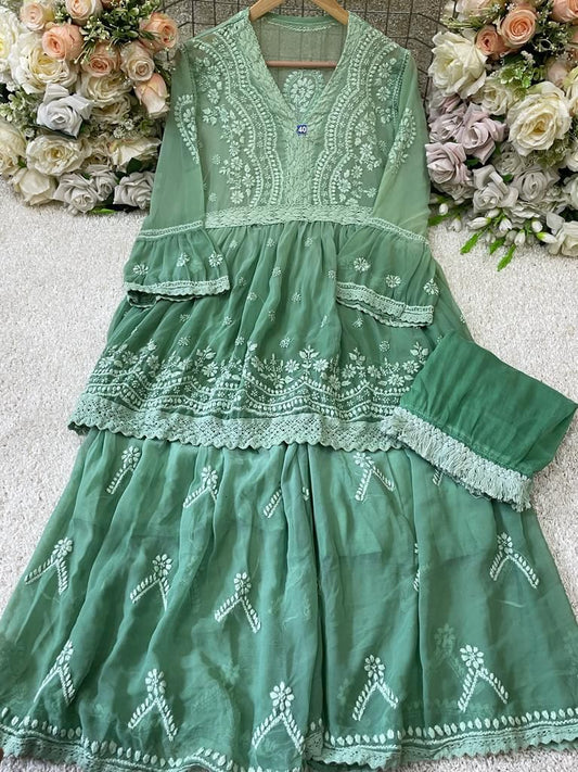 Green Color Vivid V Lace Chikankari Gharara 3-Piece Set