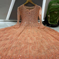 Peach 56 Kali Dye Mirror Lucknowi Chikankari Anarkali Kurta Up to 4XL