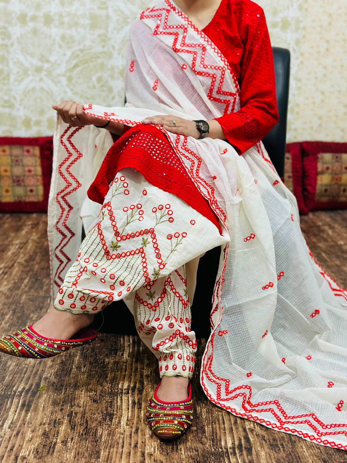 Combo Sunny Chic: Yellow Chikankari Kurta with Afghani Pant & Red Chikan Embroidered Kurti Combo