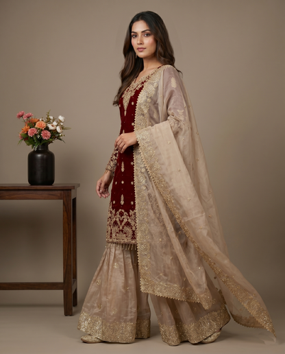 Elegant Designer Maroon Beige Readymade Salwar Suit