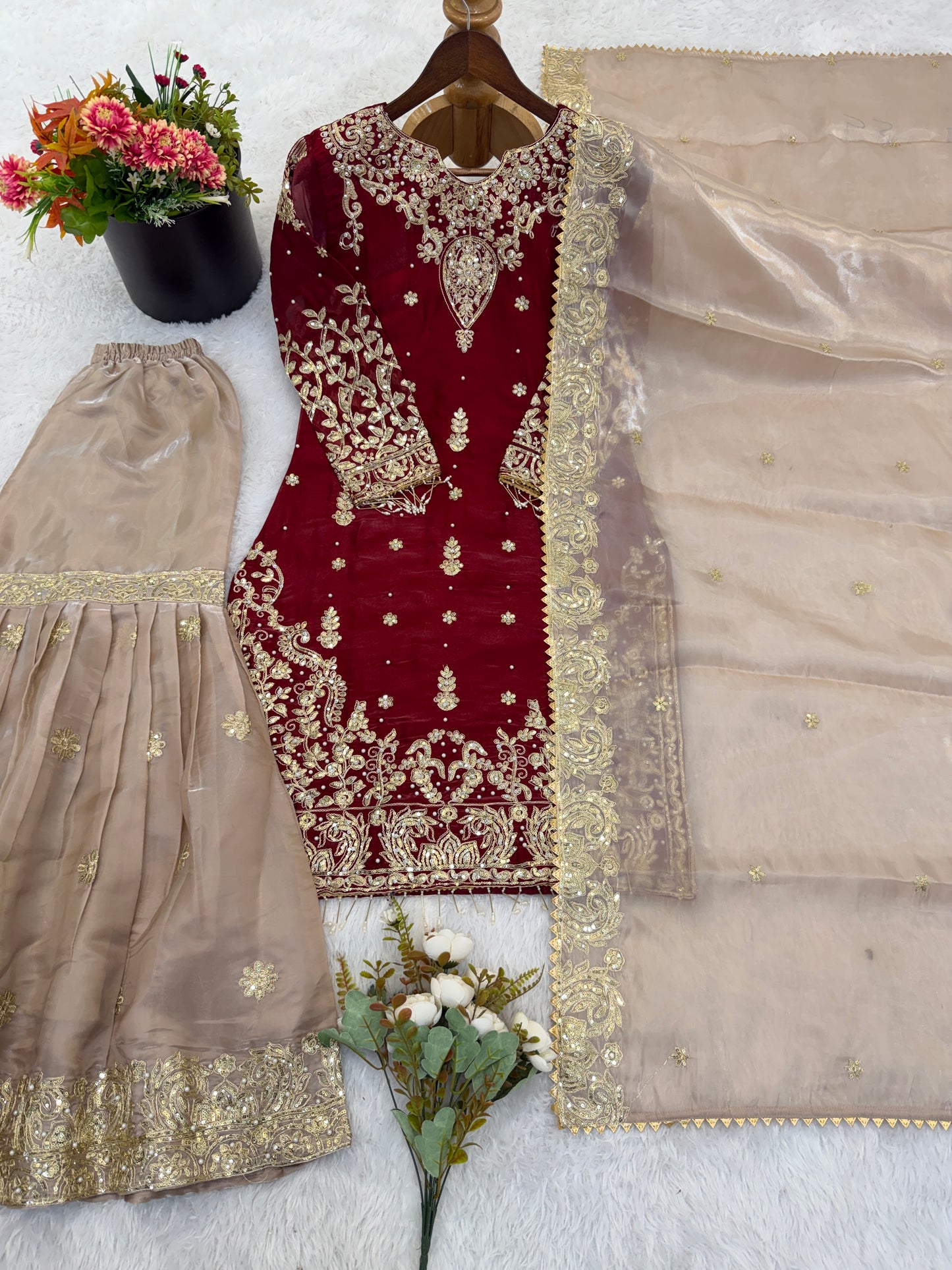 Elegant Designer Maroon Beige Readymade Salwar Suit