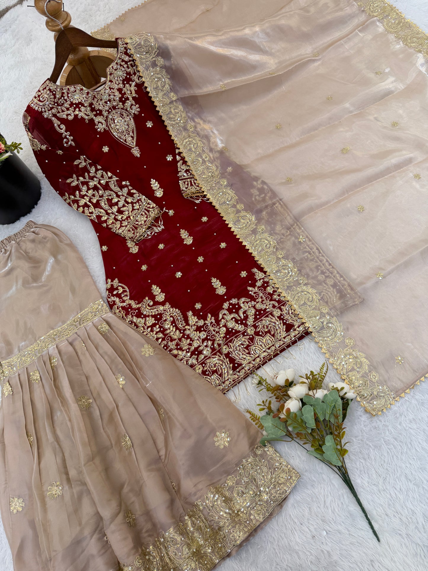 Elegant Designer Maroon Beige Readymade Salwar Suit