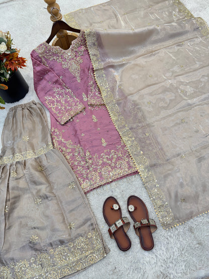 Elegant Designer Pink Beige Readymade Salwar Suit