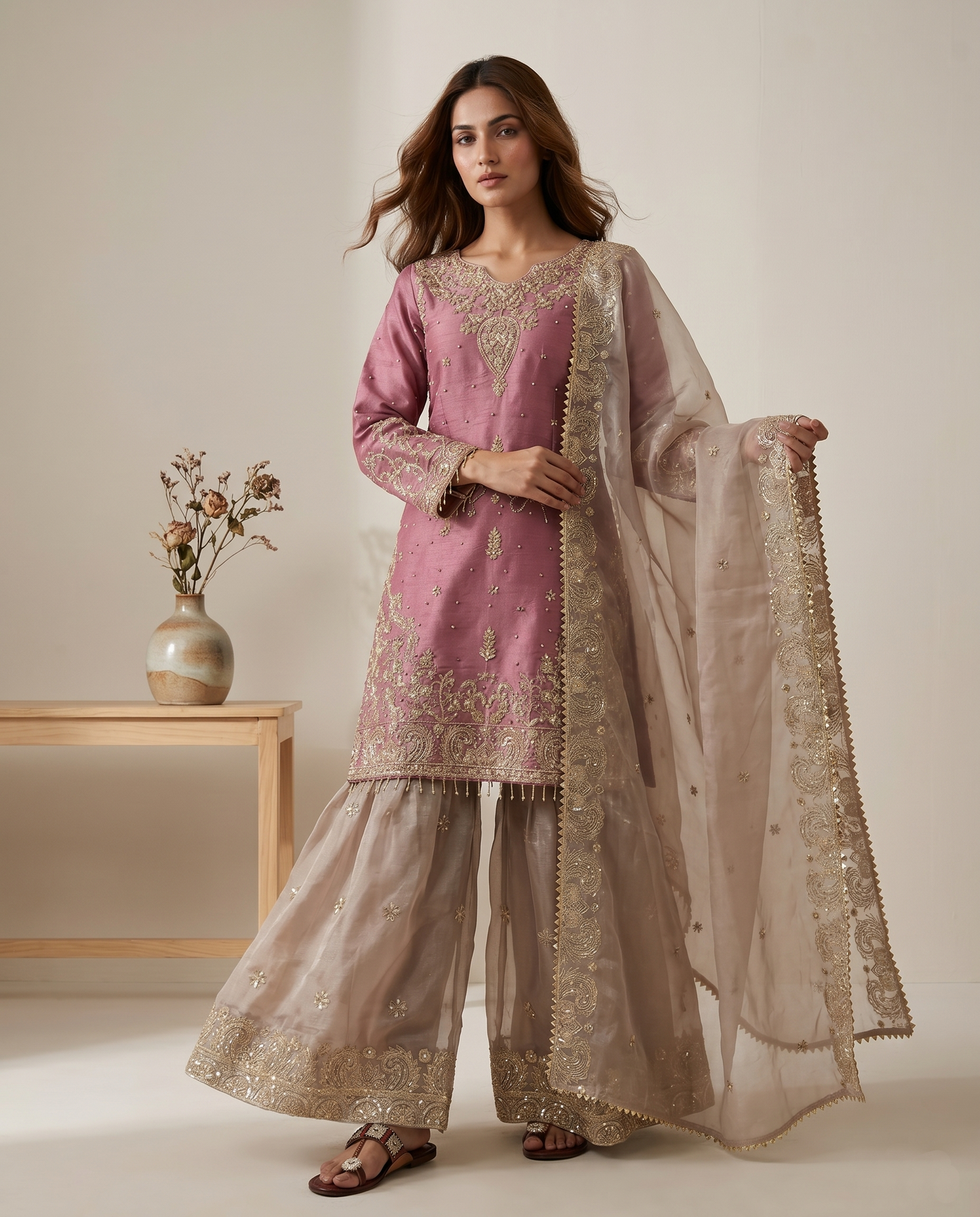 Elegant Designer Pink Beige Readymade Salwar Suit