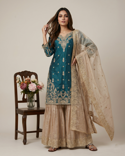 Elegant Designer Rama Green Beige Readymade Salwar Suit