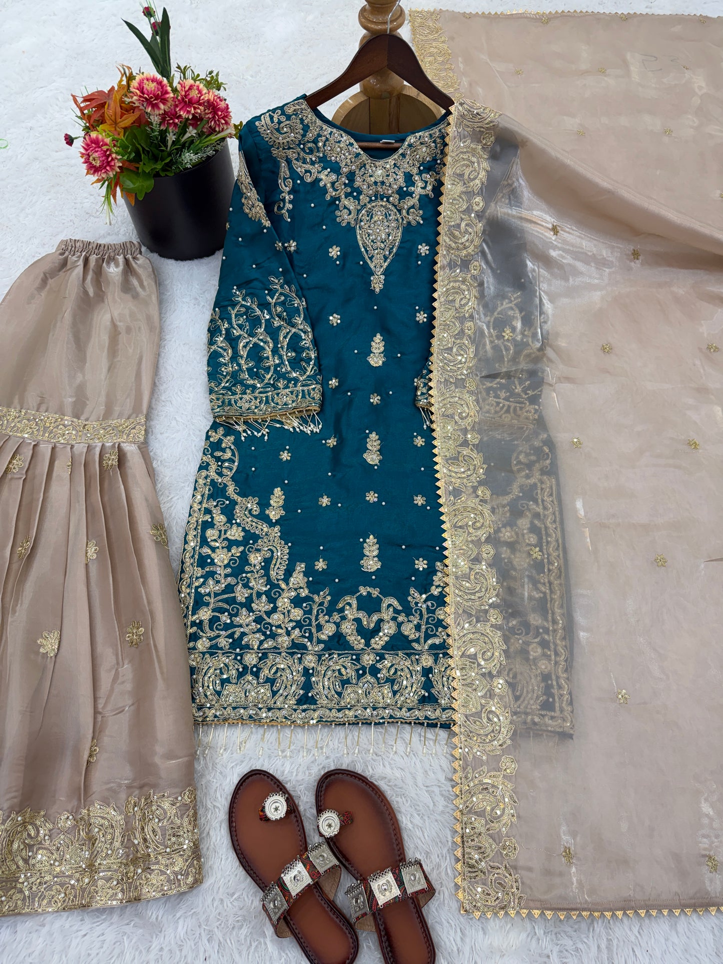 Elegant Designer Rama Green Beige Readymade Salwar Suit