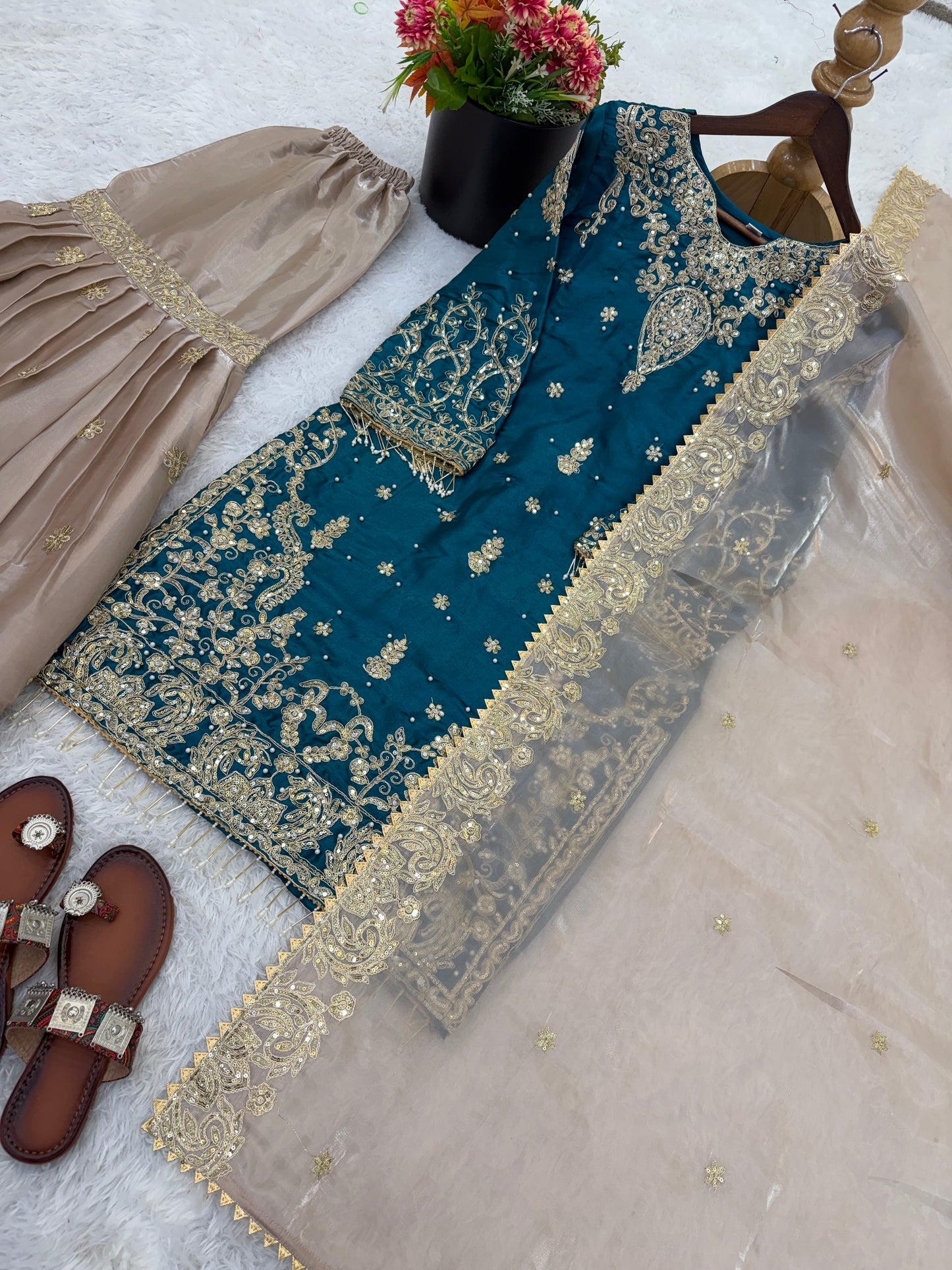 Elegant Designer Rama Green Beige Readymade Salwar Suit