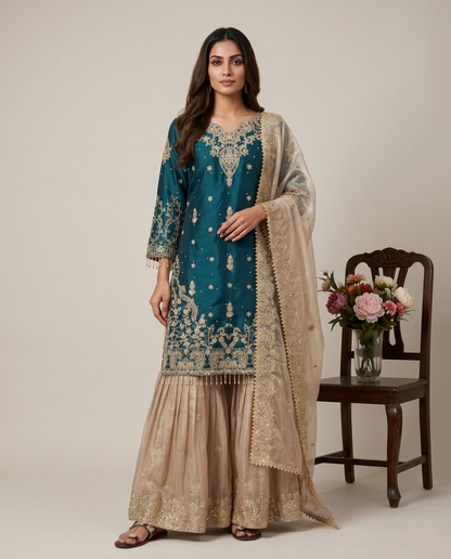 Elegant Designer Rama Green Beige Readymade Salwar Suit
