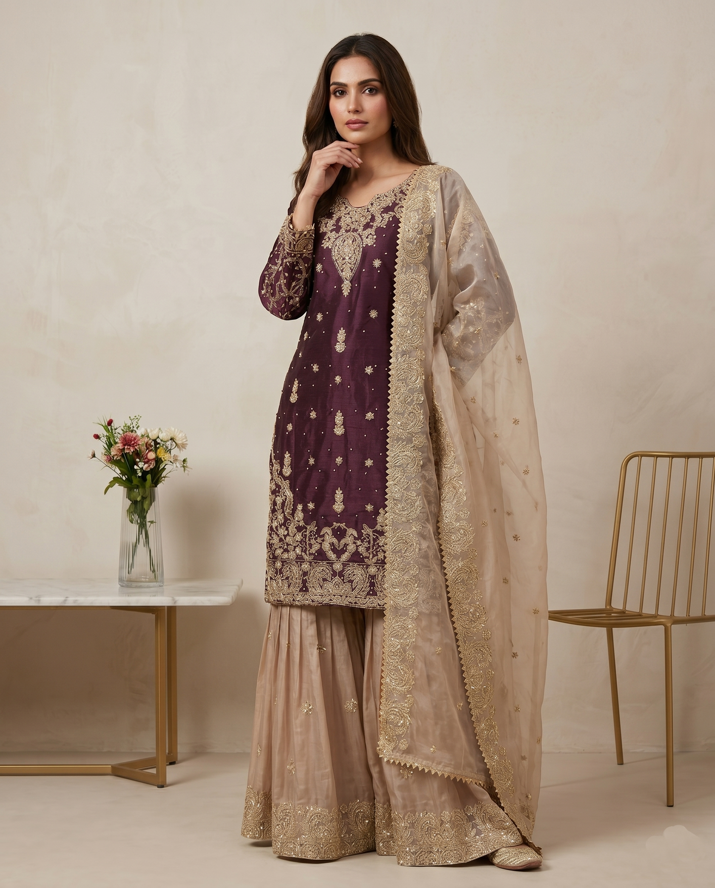 Beautiful Designer Wine Beige Readymade Salwar Suit