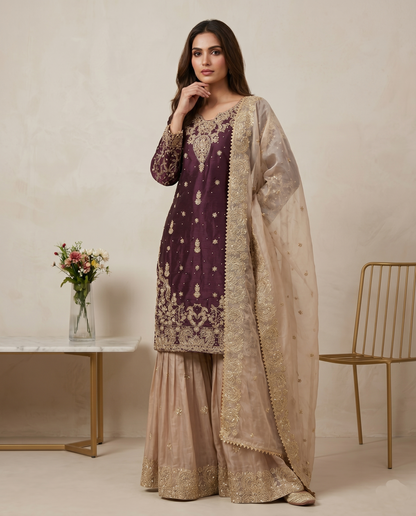 Beautiful Designer Wine Beige Readymade Salwar Suit