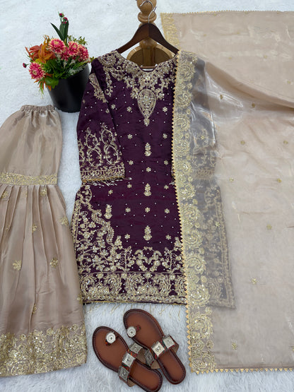 Beautiful Designer Wine Beige Readymade Salwar Suit