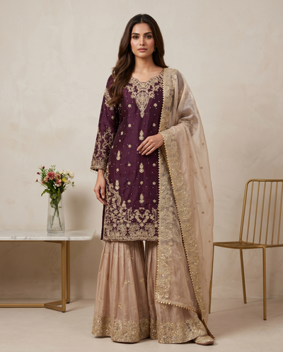 Beautiful Designer Wine Beige Readymade Salwar Suit