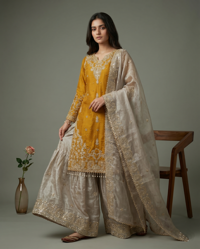 Beautiful Designer Yellow Beige Readymade Salwar Suit