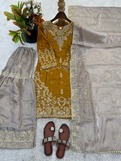 Beautiful Designer Yellow Beige Readymade Salwar Suit