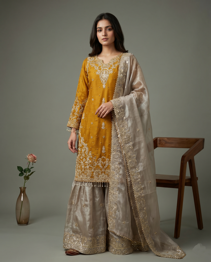 Beautiful Designer Yellow Beige Readymade Salwar Suit